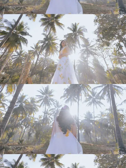 A collage of a bride's portraits from her Haldi ceremony, capturing her joyful twirls under palm trees.