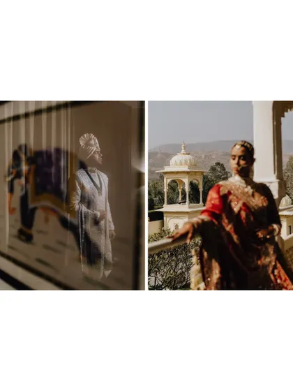 An artistic collage with a reflection of the groom and a portrait of the bride on a balcony, playing with light and perspective.