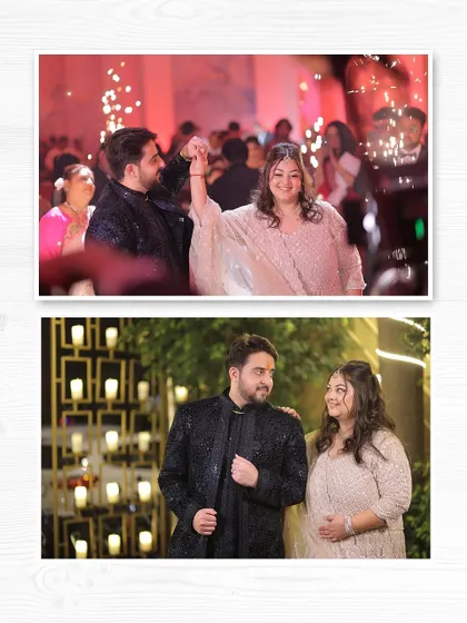 A collage capturing the couple's first dance and a posed portrait against a beautifully lit backdrop, showcasing both candid and formal photography styles.