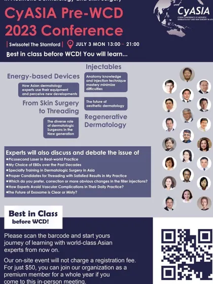 The official poster for the CyAsia Pre-WCD 2023 Conference in Singapore, an evening of learning with experts in devices, surgery, threading, and injectables.