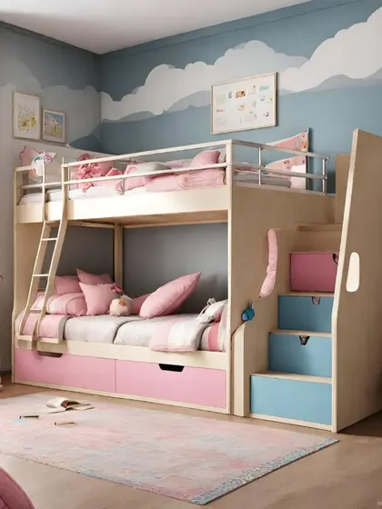 For this kids' room, I used a bunk bed with built-in storage drawers and a fun staircase. The playful cloud mural and the pink and blue color scheme create a cheerful and imaginative environment for siblings.