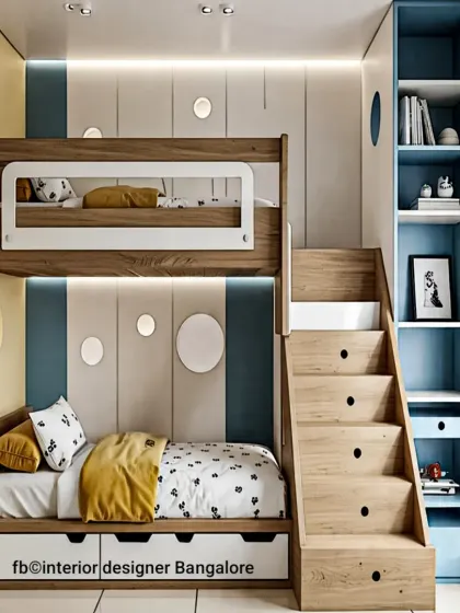 Maximizing space in a shared children's room with a custom bunk bed. This design includes built-in storage drawers under the lower bunk and a staircase that doubles as a set of drawers, ensuring every inch is used effectively.