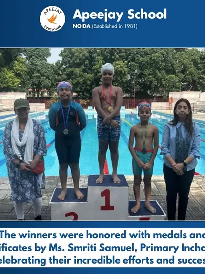 The winners were honored with medals and certificates by our Primary Incharge, Ms. Smriti Samuel. This moment celebrates their incredible efforts and success in the swimming competition.