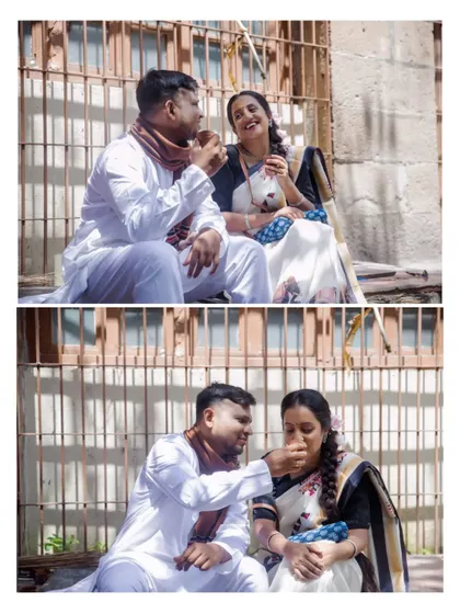 A collage showing sweet, playful moments from the vintage shoot, including the groom feeding the bride, which adds a personal touch to the session.