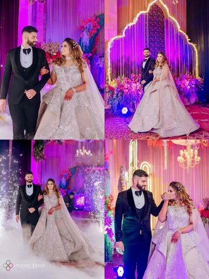 A collage of the couple's grand reception entry, complete with smoke effects and sparklers.