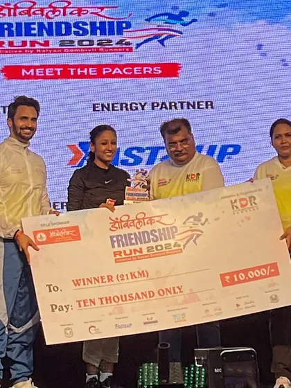 Securing the win at the Dombivali Friendship Day Run with a personal best of 1:32 in the half marathon. I believe in pushing my body because my heart loves to race.