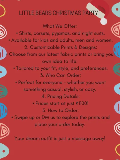 Here are all the details for creating your own custom Christmas outfit with us. I can make shirts, pajamas, and night suits for the whole family, starting at just ₹1100. Your dream holiday outfit is just a message away.