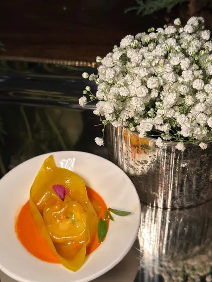 A single, beautifully crafted dumpling, showcasing the delicate folds and elegant plating that defines our culinary style.