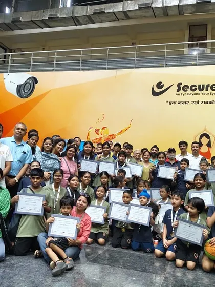 A group photo of all the participants, coaches, and officials from the successful PSPB Summer Camp held at our Noida Indoor Stadium facility.
