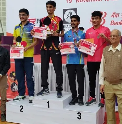Deepit Patil stands on the top of the podium after becoming the Men's Maharashtra State Champion for the first time, his seventh state title overall, at the championship in Pune.