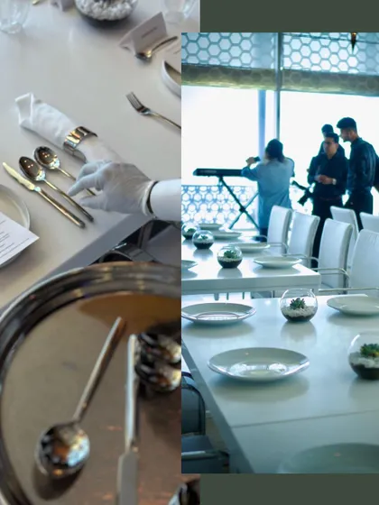 Another collage from the same event, highlighting the pristine white table settings and the behind-the-scenes service.