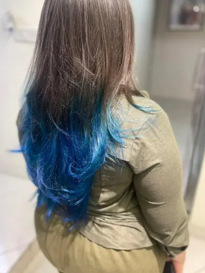 Another angle of the blue ombre, showing how the color looks from the side and how it moves with the hair.
