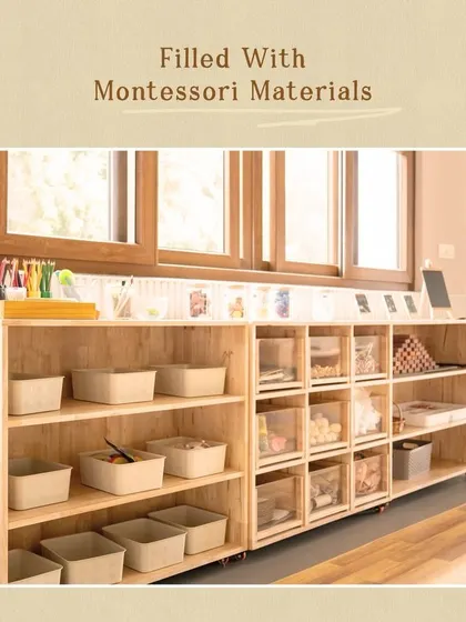 Our classrooms are filled with carefully selected Montessori materials. These low, open shelves allow children to independently choose their work, fostering a sense of ownership and responsibility.