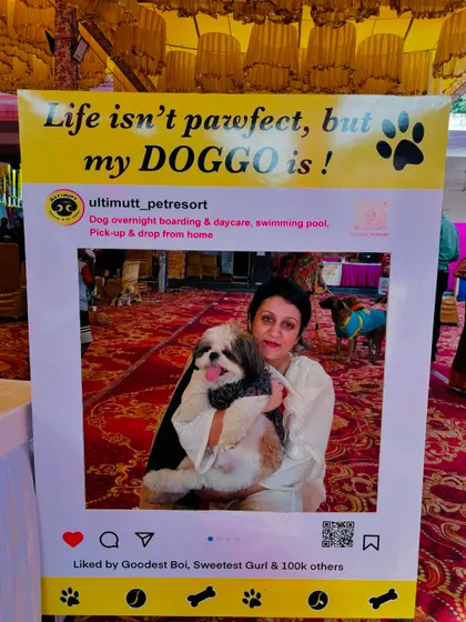 A pet parent poses with her Shih Tzu inside our custom Instagram-style photo frame that reads, "Life isn't pawfect, but my DOGGO is!". It is one of our most popular photo ops.
