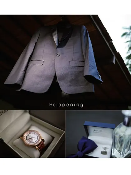 A detail-oriented collage of the groom's accessories for the reception, including his suit, watch, and bow tie.