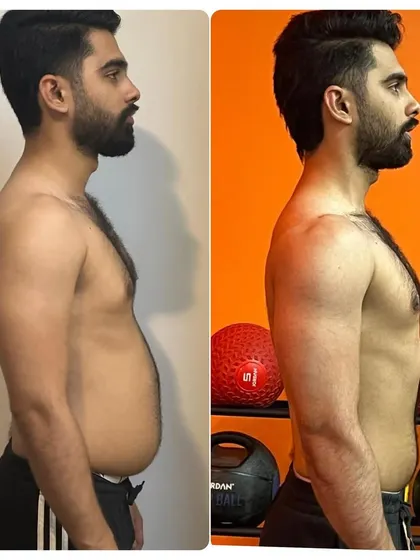 The side profile shows a dramatic change, with a flatter stomach and improved posture. This was achieved over a few months of consistent training and sticking to a customized nutrition plan for fat loss.