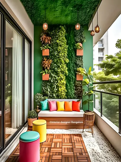 We can transform your balcony into a vibrant outdoor retreat. This design features a vertical garden wall, a custom-built bench with colorful cushions for comfortable seating, and durable wooden deck flooring, creating a perfect space for relaxation.