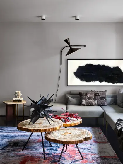 A living area in the Baid Residence, showcasing a captivating blend of contemporary elegance and artistic flair. The space features a Nemo light, a vibrant rug from Jaipur Rugs, and a striking black sculpture by Martand Khosla.