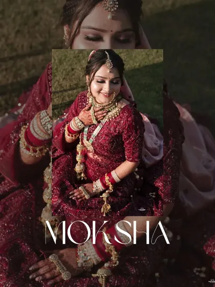 A close-up portrait of the bride, her name elegantly written over the image. This shot highlights her beautiful makeup and jewelry.