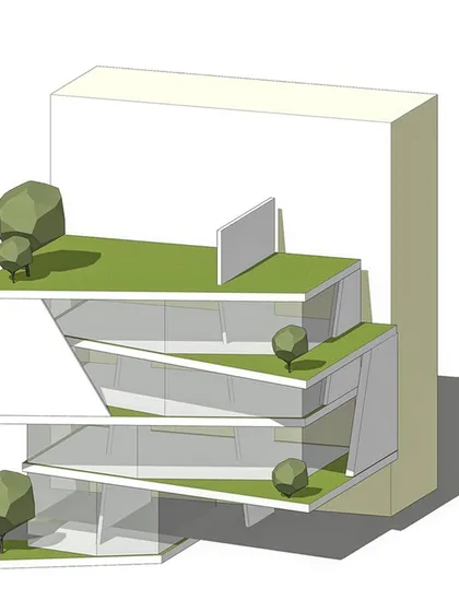 A 3d massing model of scheme 1 with green roof elements.
