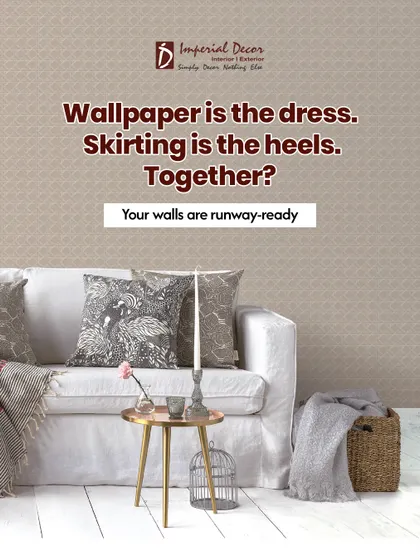 I like to say that wallpaper is the dress, and skirting is the heels. Together, they make your walls runway-ready. This image shows how a simple, elegant wallpaper is completed by the right finishing touches.