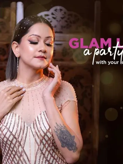 A graphic overlay emphasizing the "glam up a party" theme. This look is all about bringing sparkle and confidence to any celebration.