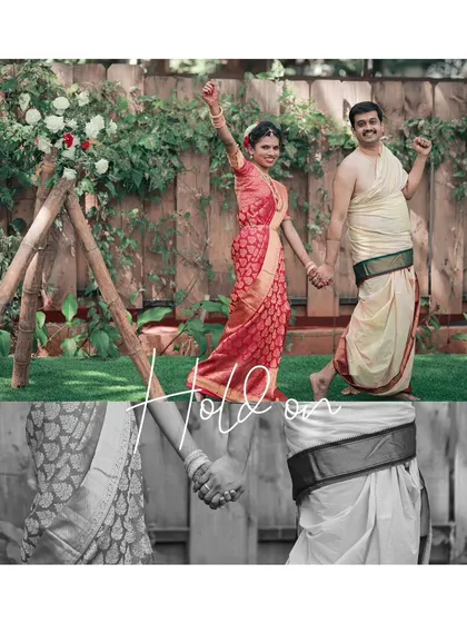 A fun and energetic shot of the couple celebrating, combined with a close-up of them holding hands, symbolizing their bond.