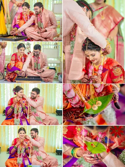 A collage of the mangalsutra and other jewelry-related rituals, capturing these significant and emotional moments.