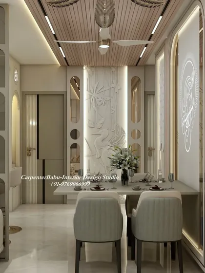 This dining area is a work of art, with a wooden ceiling, a 3D wall mural, and elegant paneling. The design creates a sophisticated and intimate atmosphere for dining.