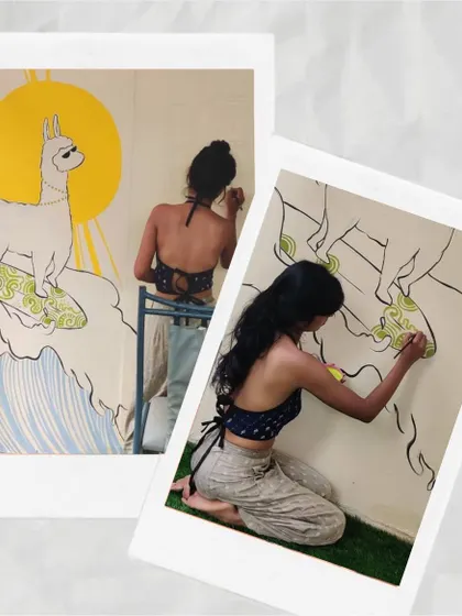 A throwback to the creation of the 'No Drama Llama' mural. This collage shows the process, from the initial line drawings on the wall to filling in the colors. It gives a glimpse into the careful handiwork that goes into even the most playful designs.