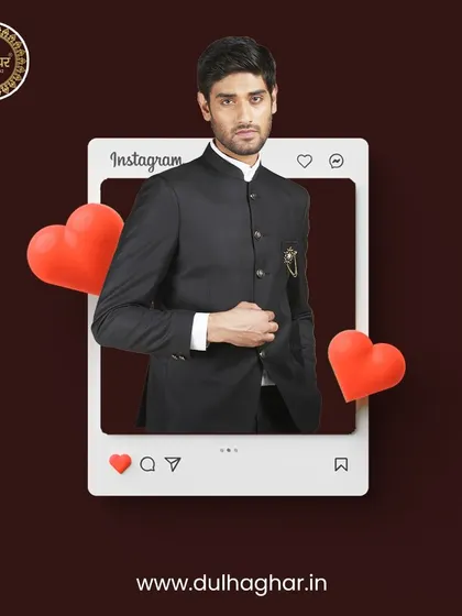 An Instagram-themed post featuring our classic black Bandhgala, highlighting its social media-worthy appeal.
