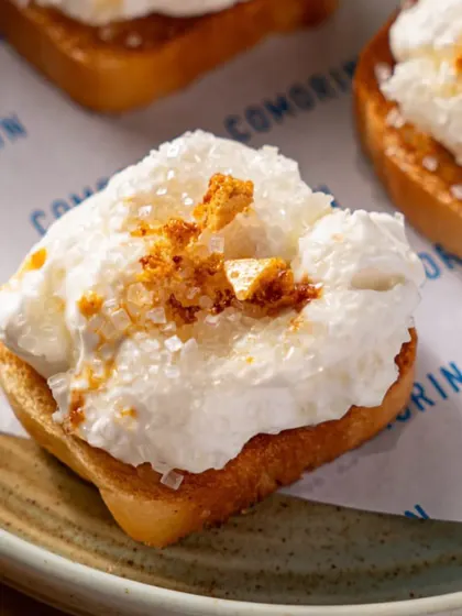 A little bit of nostalgia, remixed. My Cheeni Malai Toast is a signature dessert, featuring light, airy malai on a crisp toast, finished with a crunch of caramelized sugar.
