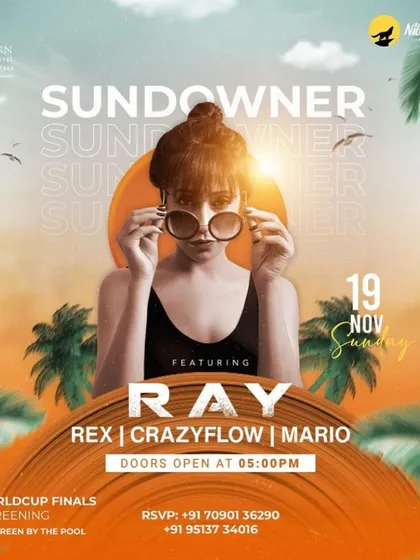 The poster for a Sundowner session in Belgaum, complete with a live screening of the World Cup finals.