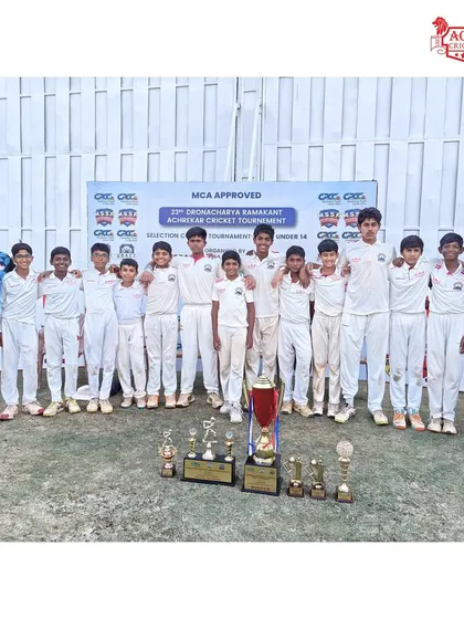 The victorious team and coaches posing with their trophies after winning the prestigious Dronacharya Ramakant Achrekar Cricket Tournament.
