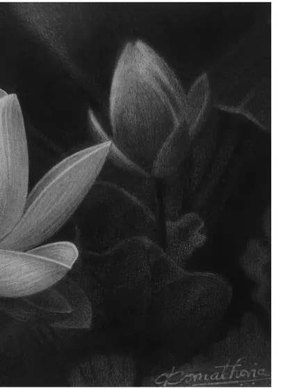 A detail of the lotus bud in the background, which adds depth to the composition.