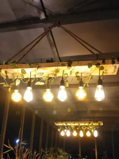 A custom-made rustic hanging light fixture, crafted from a wooden plank and Edison bulbs, perfect for a pergola or covered patio.