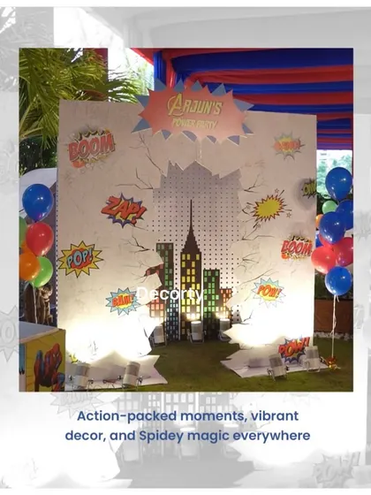 A comic-book style photo showcasing the "BOOM!" and "ZAP!" backdrop, perfect for action shots.
