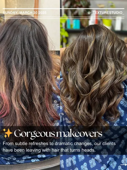 A gorgeous makeover featuring a subtle balayage refresh. This before-and-after shows how we corrected a previous color and created a seamless, natural-looking blend.