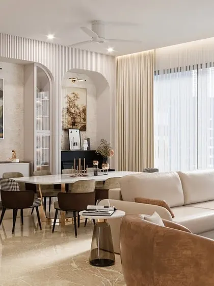 A wide shot of the living and dining area in this 3D visualization, showing the cohesive design with its neutral palette, marble and veneer paneling, and arched details.