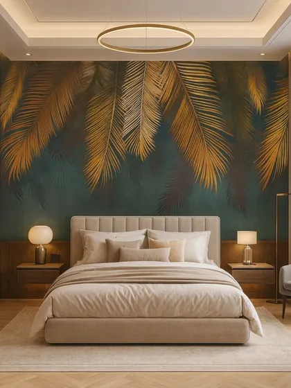 A luxurious bedroom design featuring a 3D wallpaper of golden palm leaves against a dark teal background. This creates a sophisticated, tropical-inspired retreat.