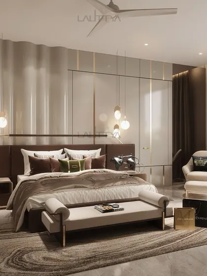 A beautifully appointed bedroom showcasing our signature style of quiet luxury. This space combines layered textures, a soothing color palette, and bespoke furniture to create a personal sanctuary for rest and relaxation.