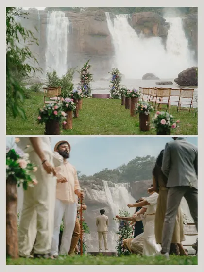 Two views of the ceremony setup, showing the aisle leading to the waterfall backdrop. It highlights the scale and beauty of choosing such a magnificent natural landmark for a wedding.