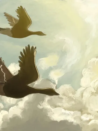 Birds soaring freely through the clouds. This painting is about freedom and hope. I enjoy creating simple, symbolic pieces that convey a strong emotion or idea.