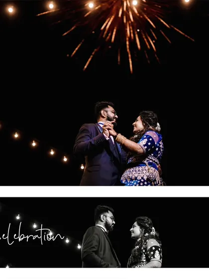 A beautiful reception moment, with the couple dancing together as fireworks light up the night sky.