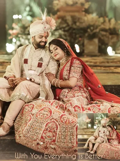 A collage of the couple in a quiet, romantic pose. The image captures their serene connection amidst the grandeur of the wedding festivities.