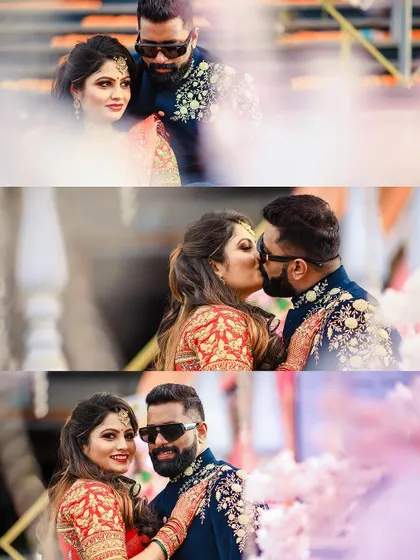 A collage of intimate and stylish moments from a pre-wedding shoot, showing both romance and attitude.