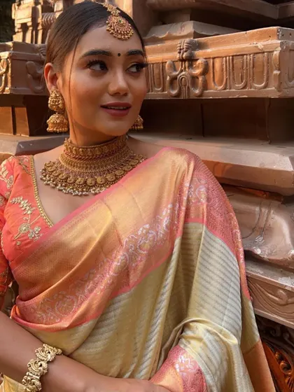 A close-up of one of the models from the group shoot, wearing our antique gold choker and jhumkas.