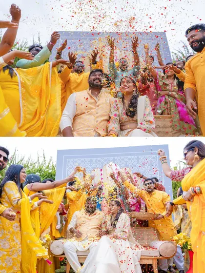 A collage of the Haldi ceremony, where the couple is showered with flowers by their enthusiastic friends and family.