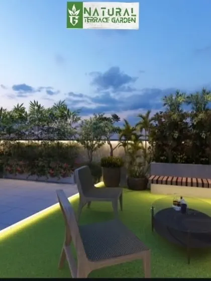 A 3D concept for a simple yet elegant seating area. The design features a raised platform with an artificial grass inlay and built-in wooden bench seating, perfect for enjoying the view.