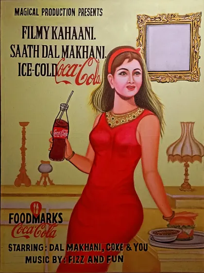 This Coca-Cola ad features a classic Bollywood-style heroine, blending product promotion with the glamour of Indian cinema.